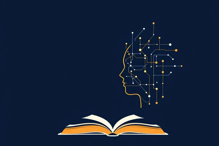 Ілюстрація — профіль людини, з якого виростає мережа ліній і вузлів, над розгорнутою книгою на темно-синьому тлі